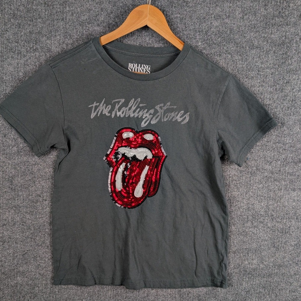 Lucky Brand The Rolling Stones Sequin Tongue Logo Graphic T-Shirt Gray XS